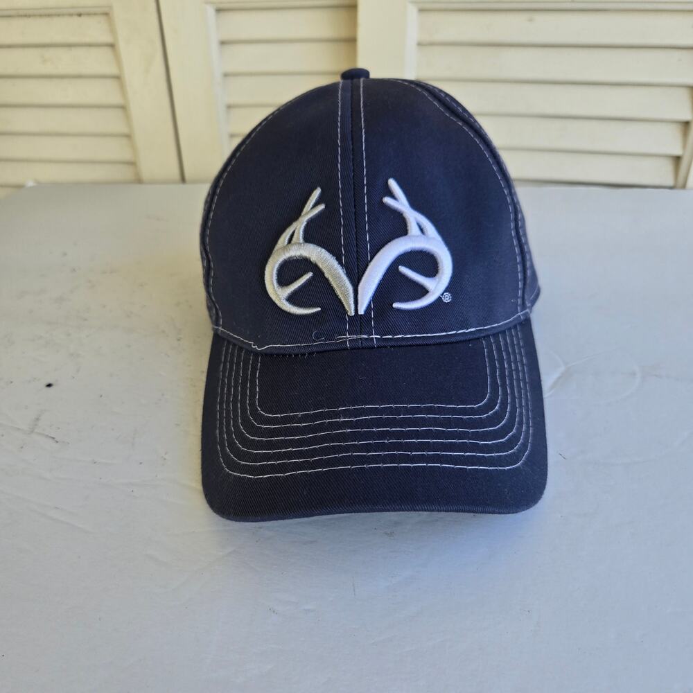Real Tree Headwear Adjustable Blue Hat Cap Antlers White Embroidered 100% Cotton